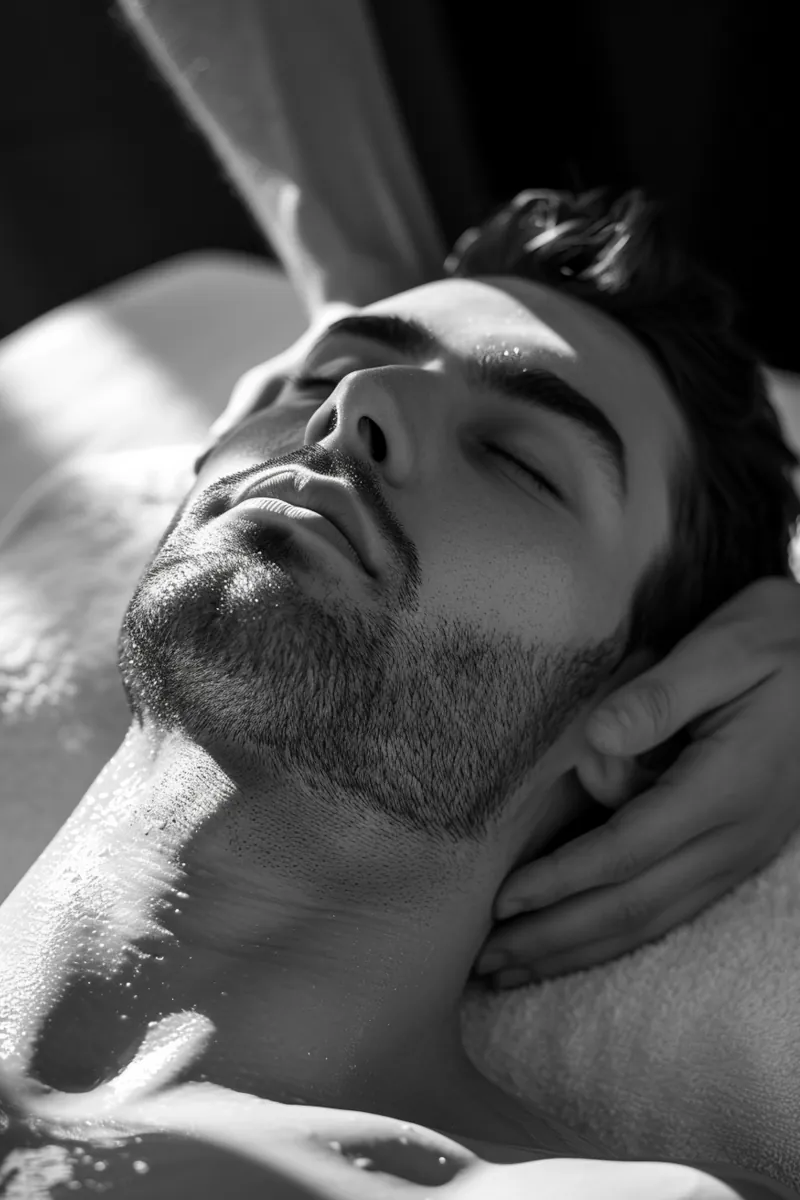 Homem relaxado de olhos fechados durante massagem no pescoço